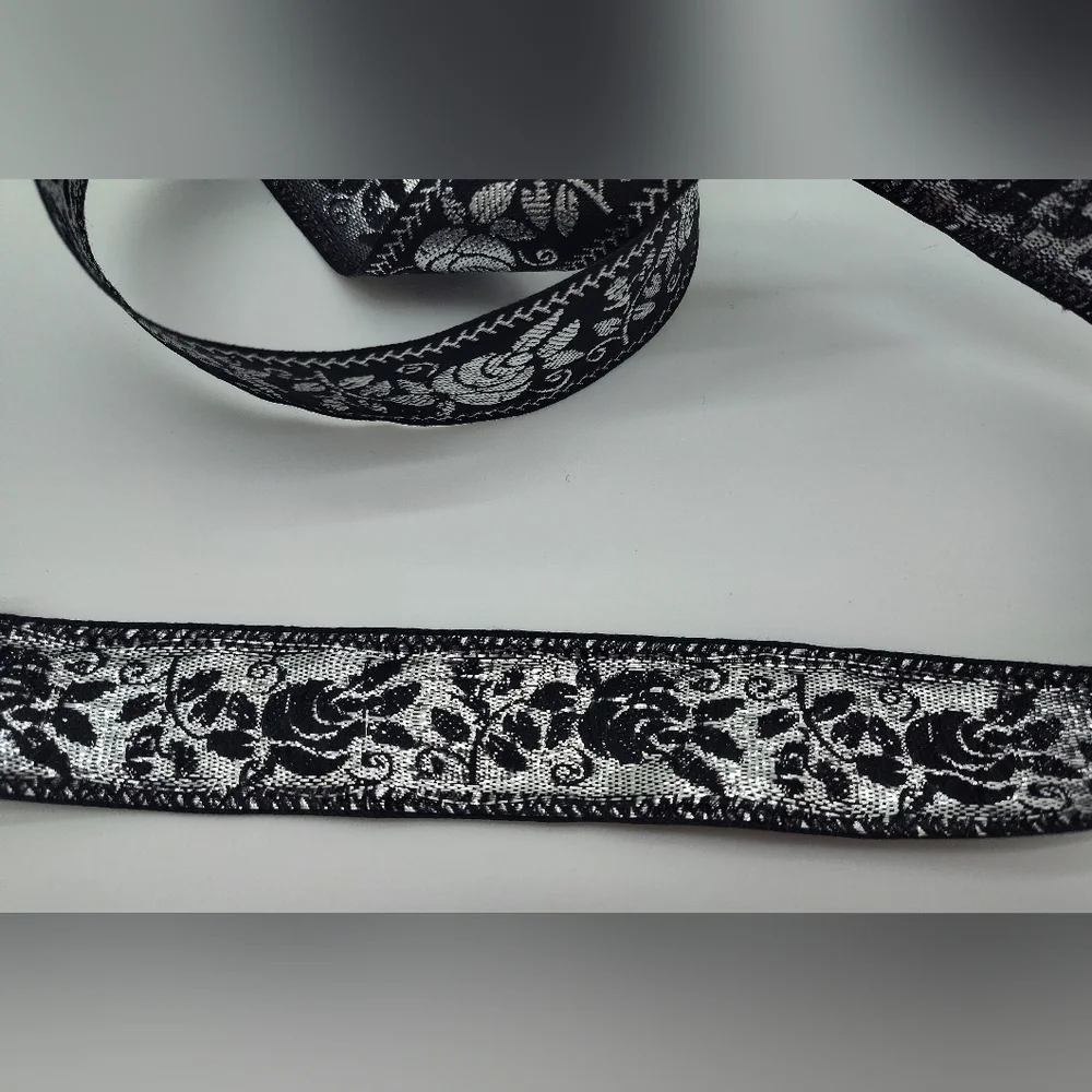 Vintage Japanese Black Silver Rose Jacquard Ribbon 1.25 Luxury Trim Two (2) Yard